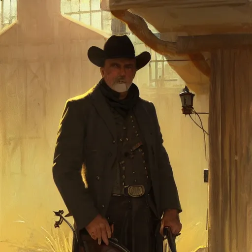 Prompt: clean shaven, tan, middle - aged christian priest with dark hair and dark clothes, two thirds shot, in wild west, highly detailed, digital painting, artstation, oppressive lighting, concept art, sharp focus, illustration, art by greg rutkowski and alphonse mucha