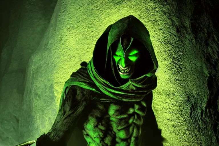 Image similar to vfx film, soul reaver, raziel irl, price of persia movie, missing jaw, hero pose, devouring magic souls, scarf, hood, glowing green soul blade, in epic ancient sacred huge cave temple, flat color profile low - key lighting award winning photography arri alexa cinematography, hyper real photorealistic cinematic beautiful, atmospheric cool colorgrade