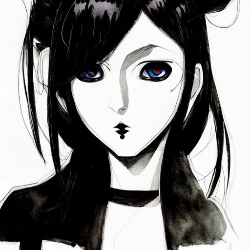 Image similar to headshot art of a goth anime woman, attractive, symmetrical face, trending on artstation, black and white watercolor