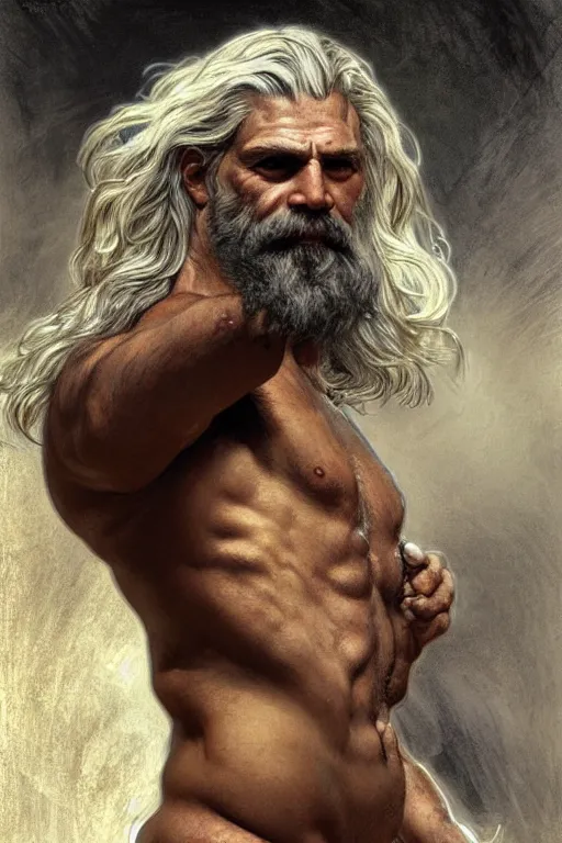 Image similar to painted portrait of rugged zeus, god of thunder, greek god, white hair, masculine, mature, handsome, upper body, muscular, hairy torso, fantasy, intricate, elegant, highly detailed, digital painting, artstation, concept art, smooth, sharp focus, illustration, art by gaston bussiere and alphonse mucha