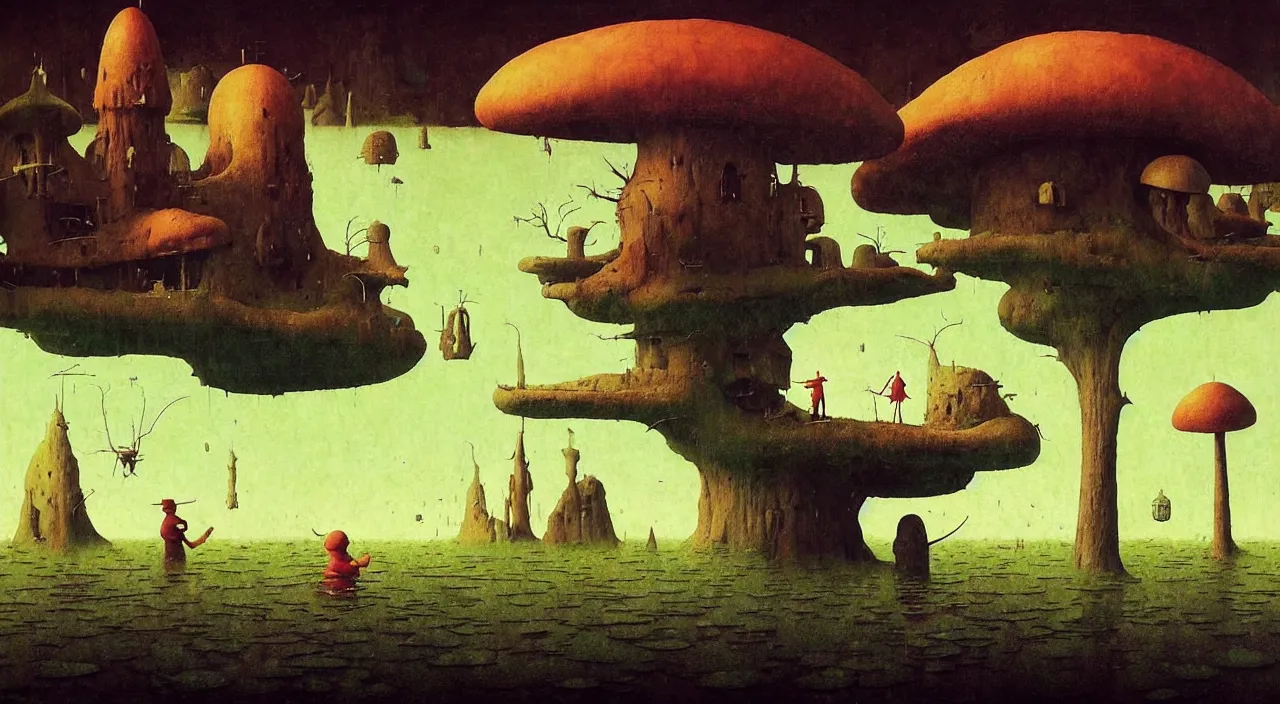 Image similar to single flooded simple!! toadstool tower anatomy, very coherent and colorful high contrast masterpiece by norman rockwell franz sedlacek hieronymus bosch dean ellis simon stalenhag rene magritte gediminas pranckevicius, dark shadows, sunny day, hard lighting