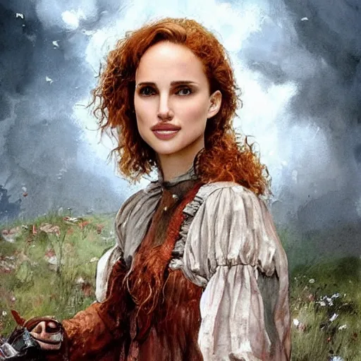 Prompt: young, messy and curly haired, redhead Natalie Portman as a optimistic, energetic, cheerful, giddy medieval innkeeper. dark shadows, colorful, happy, law contrasts, fantasy concept art by Jakub Rozalski, Jan Matejko, and J.Dickenson