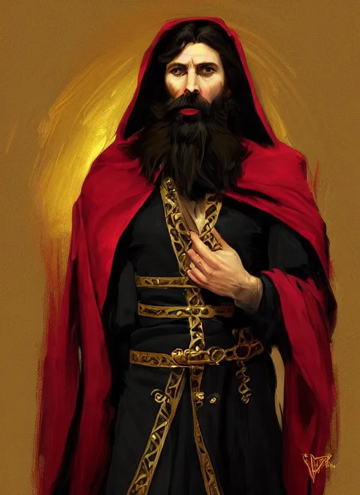 Prompt: character concept portrait of an attractive bearded young Rasputin dressed in a black, gold, and crimson robe with hood. Action pose. intricate, elegant, digital painting, concept art, smooth, sharp focus, illustration, from Metal Gear, by Ruan Jia and Mandy Jurgens and William-Adolphe Bouguereau, Artgerm