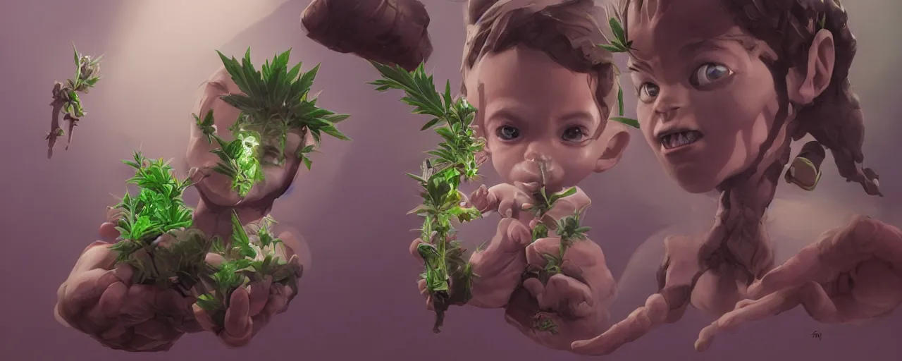 Image similar to portrait cute baby cannabis, marijuana, baby groot, realistic shaded perfect face, cinematic volumentric lighting, jim cheung, david marquez, mike deodato jr, ilya kuvshinov, makoto shinka, behance hd by jesper ejsing, by rhads, hyper detailed, octane render, concept art, artstation