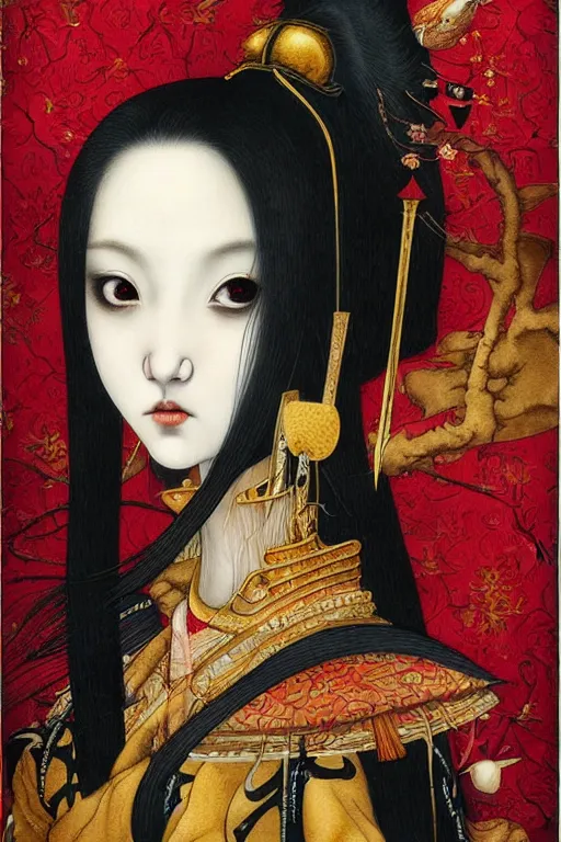 Image similar to watercolor painting of a japanese bjd geisha vampire queen with a long neck by tom bagshaw, ayami kojima, mark ryden in the style of thoth tarot card, dark - fantasy, red, gold, black