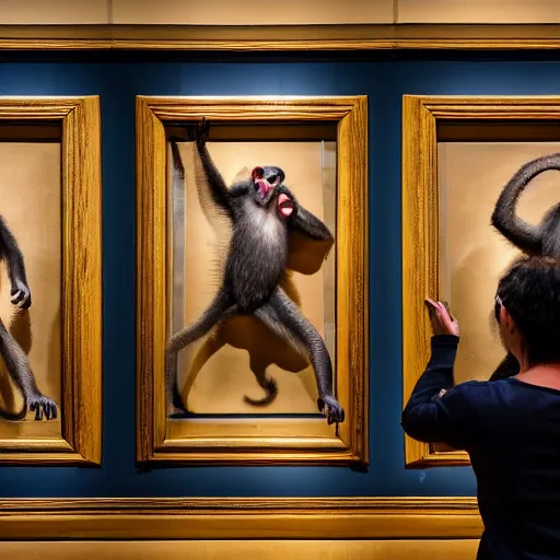Image similar to audience pointing and laughing at monkey jpeg nft's in museum, 4 k