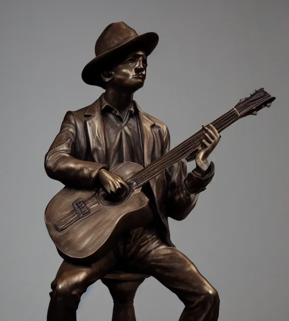Image similar to a 4 k photorealistic photo medium shot of a bronze statue of a young man wearing a fedora holding a guitar.