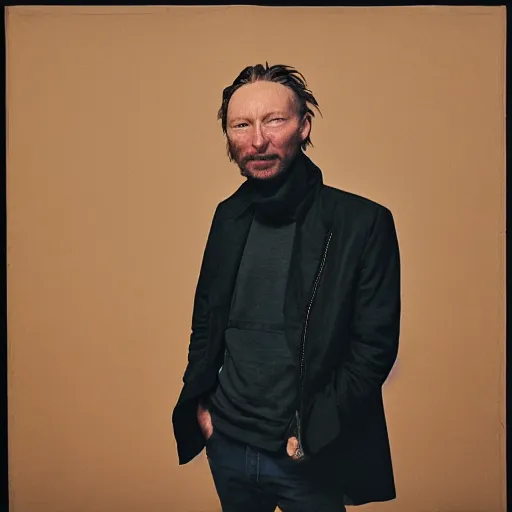 Image similar to Smiling Thom Yorke, with a beard and a black jacket, a portrait by John E. Berninger, dribble, neo-expressionism, uhd image, studio portrait, 1990s