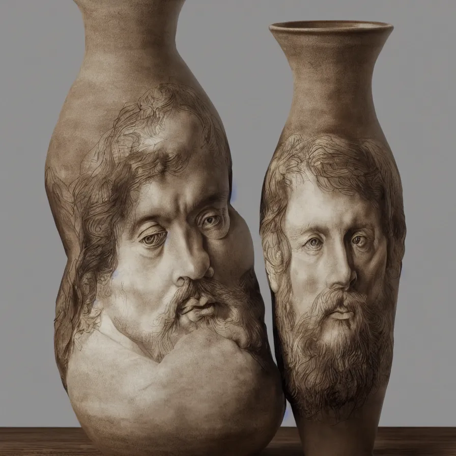 Image similar to beautiful studio photograph of a ceramics display with albrecht durer self portrait painted onto a tall stoneware vase on a wooden table, hyperrealism 8 k trending on artstation