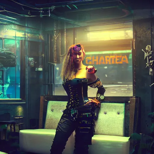 Image similar to a high quality portrait of a beautiful pirate in a cyberpunk cyberpunk cyberpunk cafe, realism, 8k, award winning photo