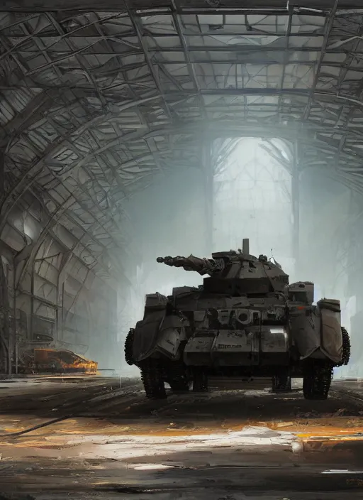 Image similar to mecha tank in a hangar, dramatic lighting, cinematic, establishing shot, extremely high detail, foto realistic, cinematic lighting, post processed, concept art, artstation, matte painting, style by eddie mendoza, raphael lacoste, alex ross