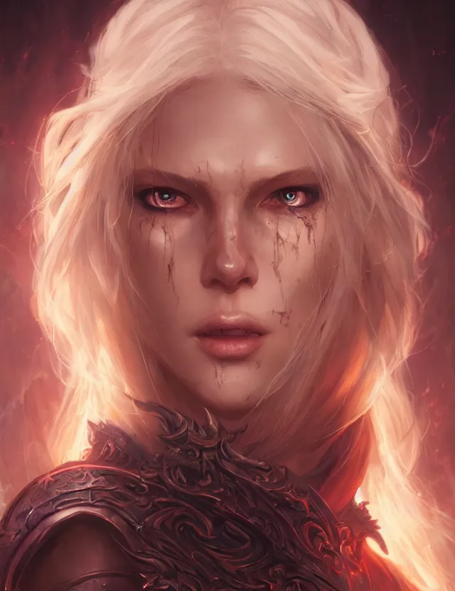 Image similar to close face portrait of a beautiful young blonde sorceress as diablo 3 concept art, art by ryo shiotani and greg rutkowski, intricate, beautiful, cute, cinematic lighting, vintage art by serge ivanoff, high resolution, very detailed