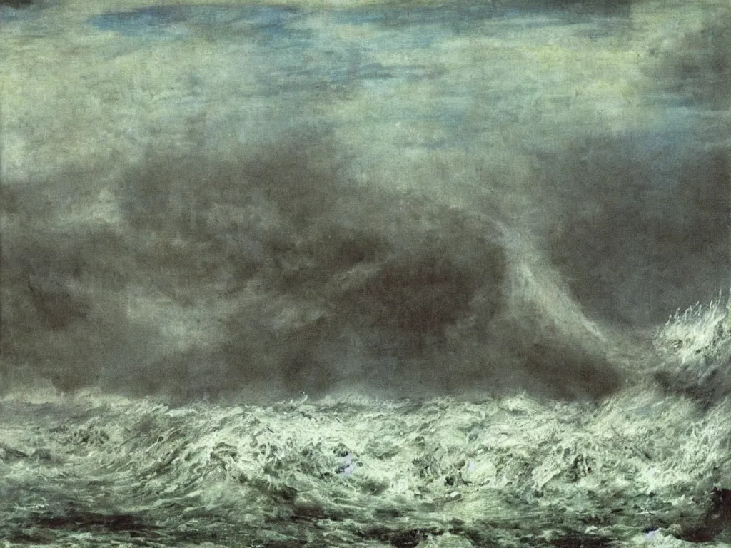 Image similar to Ocean flooding the brutalist metropolis. Wave. Painting by Arnold Bocklin, Yves Tanguy.