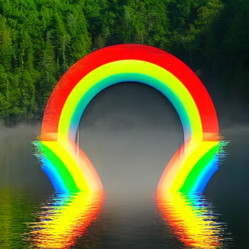 Image similar to rainbow stripes neon sign half circle in water reflected on lake, misty mountains surrounded by beautiful forest, sunny summertime sunlit daylight, hdr, 4 k, award winning photography, volumetric lighting, artstation