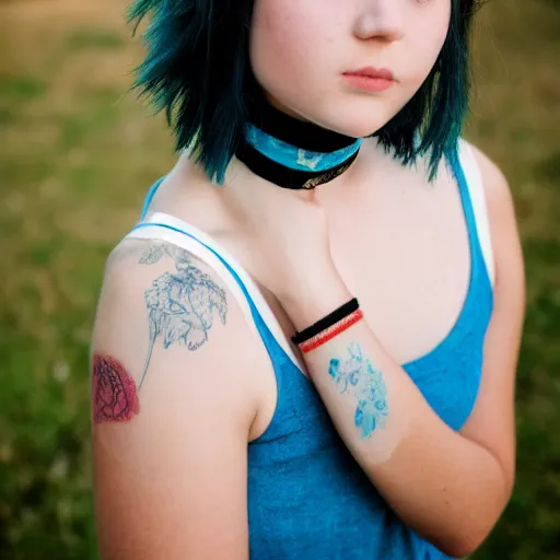 Image similar to Portrait of a cute young woman with short blue hair and a choker, portrait photography, cottagecore, upper body image, 35mm f/1.4, iso 100