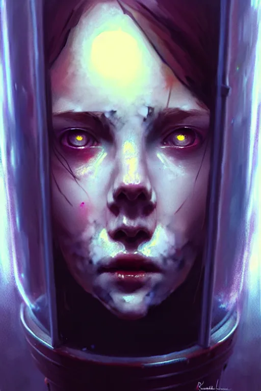 Prompt: a young, slender girl in cryocapsule container, freezing, hyperrealistic face, beautiful eyes, fantasy art, in the style of greg rutkowski, intricate, hyperdetalized, smooth, cyberpunk, tech