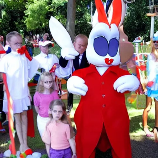 Image similar to Donald trump dressed as bugs bunny spying on children at a birthday party