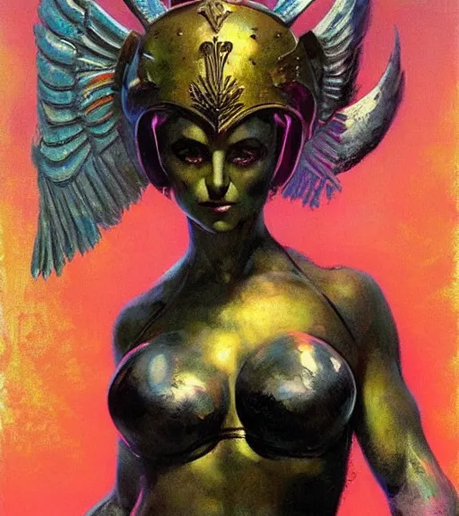 Image similar to portrait of strong iranian female chaos angel, beautiful! coherent! by frank frazetta, by brom, strong line, vivid neon color, shining metal power armor, iron helm, high contrast, maximalist