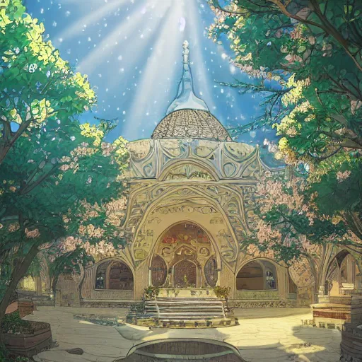 Prompt: a beautiful hyperdetailed illustration of absolutely beautiful blooming flower masjid alone, perfectly shaded, sun rays, natural light, golden hour, style of studio ghibli, detailed lines, sharp edges, artgem