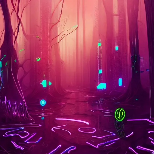 Image similar to cyberpunk magic swamp neon trees