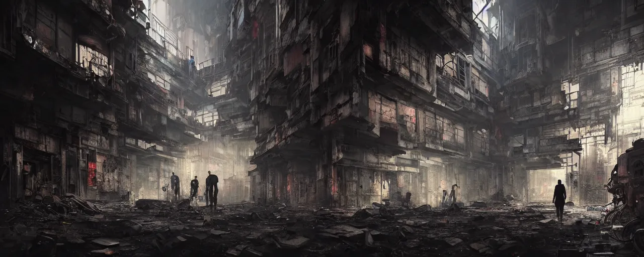 Prompt: duotone noir concept illustration inside of kowloon walled city night stimulus overload groups of people scavenging octane render, concept hideo kojima surreal atmosphere, abandoned buildings volumentric lighting. cosmic horror. accidental renaissance. by sachin teng and sergey kolesov and ruan jia and heng z. graffiti art, scifi, fantasy, hyper detailed. trending on artstation