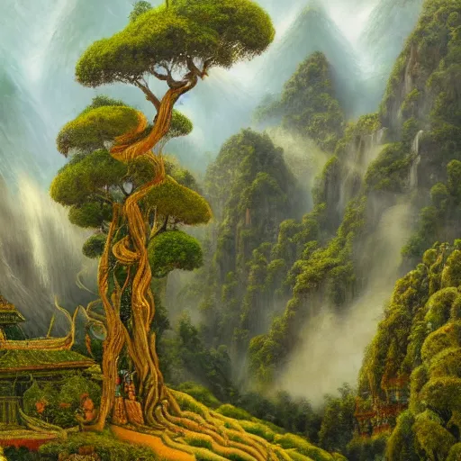 Image similar to a beautiful and highly detailed oil painting of an nepali temple in the kathmandu valley, detailed trees and cliffs, forgotten valley, swirling mist, lush forests, intricate details, epic scale, insanely complex, 8 k, sharp focus, hyper realism, fantasy landscape, psychedelic, by caspar friedrich,