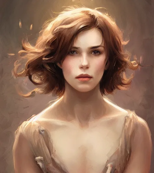 Prompt: portrait of a young woman, soft features, gentle smile, muscular, half body, cloth, brown hair, d & d, fantasy, intricate, highly detailed, digital painting, artstation, concept art, smooth, sharp focus, illustration, art by artgerm and greg rutkowski and alphonse mucha