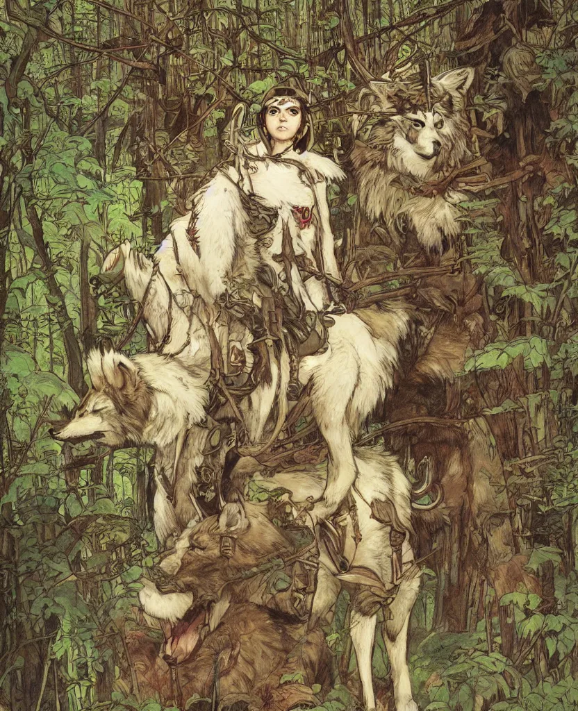 Image similar to portrait of Princess Mononoke, wolves, fully clothed in armor, lush forest, neon, concept art, schematics, painted by norman rockwell, mucha, james gurney, high detail, denoised, sharp, architectural