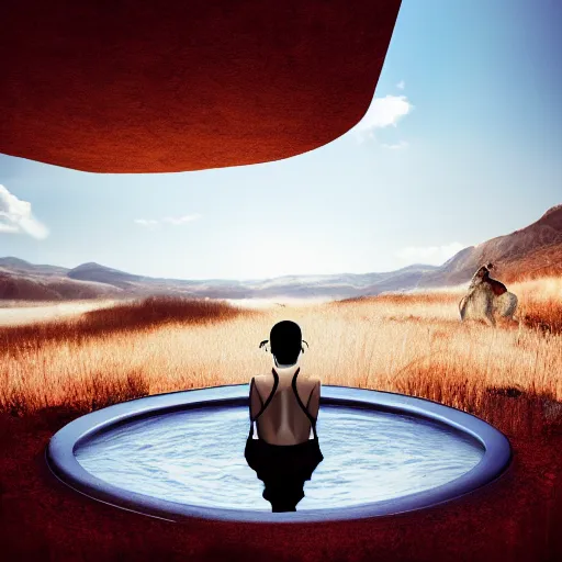 Image similar to photo of a woman jumping in a basin with a dog, gorgeous view, depth, high detail, trending on artstation