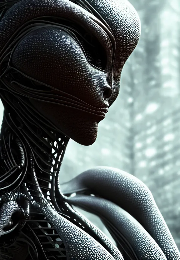 Prompt: ultra realist intricate detailed painting of a single attractive alien female, full body, curvy, black scales and cyborg tech, symmetry accurate features, very intricate details, bokeh focus, 8k render, artstyle Hiraku Tanaka, award winning