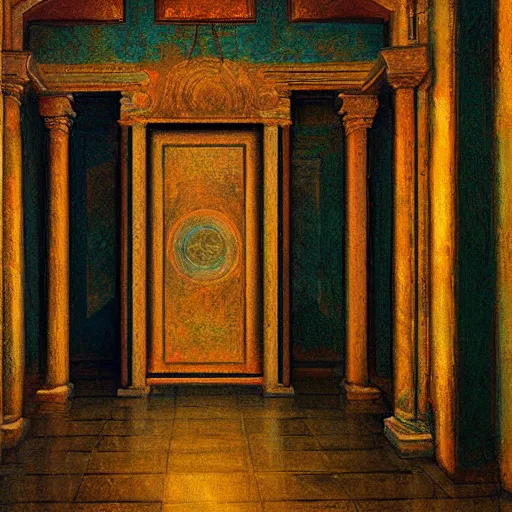 Image similar to a painting of a doorway in a building, a raytraced image by Mikalojus Konstantinas Čiurlionis, polycount, metaphysical painting, hall of mirrors, egyptian art, concept art