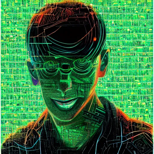 Image similar to hyperrealistic portrait of a cyberpunk teenager, male, smiling, immersed within a glitch network, digital ui, by Guy Denning, Metzinger, Russ Mills, glitch art, hacking effects, glitch effects, digital al tech effects, chromatic, color blocking!, green blockings, acrylic on canvas, concept art, abstract, trending on cgsociety, trending on artstation