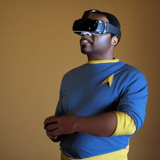 Image similar to geordi la forge wearing a vr headset star trek