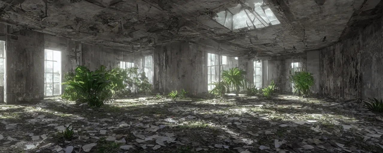 Image similar to interior of a building in an abandoned Manila, light pouring through one tiny window, deserted and decaying concrete, vines growing on the walls, plants sprouting from the floor, unreal engine 5, raytracing, trending on artstation, 8k