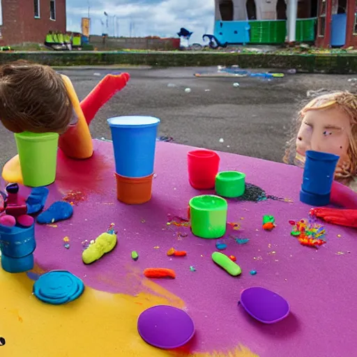 Prompt: A Play-Doh catastrophe, establishing shot, outdoors, carnage everywhere