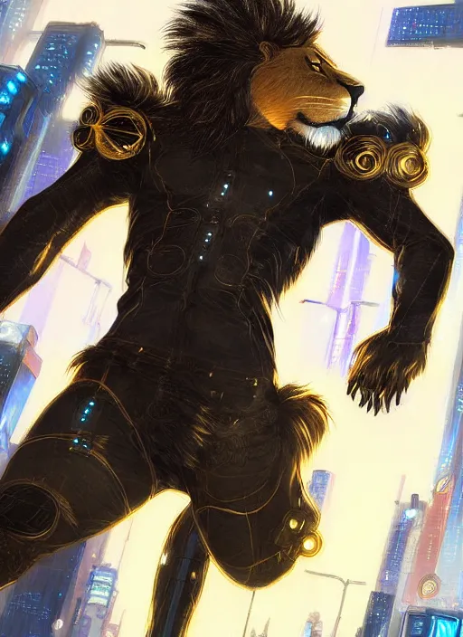 Image similar to award winning beautiful portrait commission of a male furry anthro lion fursona with a tail and a cute beautiful attractive detailed furry face wearing stylish black and gold cyberpunk clothes in a cyberpunk city at night while it rains. Character design by charlie bowater, ross tran, artgerm, and makoto shinkai, detailed, inked, western comic book art