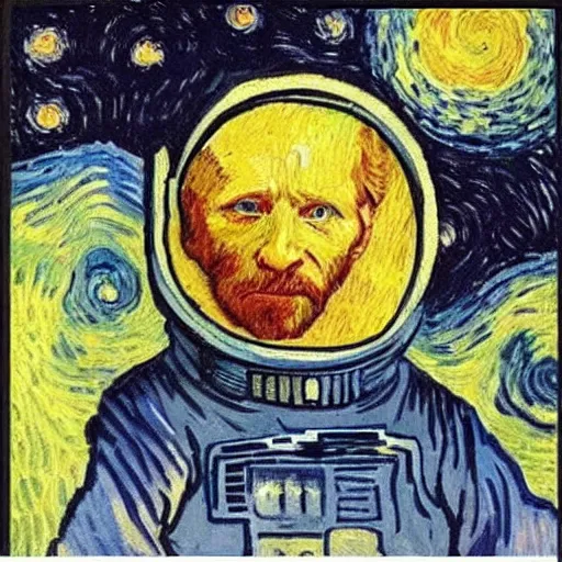 Image similar to Astronaut Lonely in the Galaxy - a painting by Van Gogh. very beautiful, HD detailed. Sad lighting, miserable emotions. The Astronaut is lost in the Galaxy.