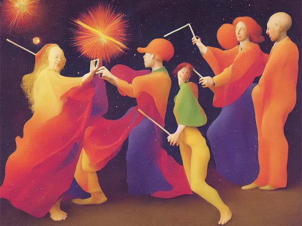 Image similar to cosmic lollipop with man and woman dancing. painting by agnes pelton, jan van eyck