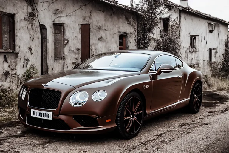 Image similar to modern rusty matte tired Bentley Continental GT without gloss no reflections drives along the road of an old Russian village with houses at the edges