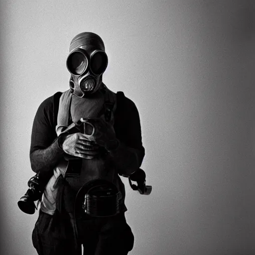 Prompt: portrait of a man with gasmask in the empty room, black & white photo by annie leibovitz