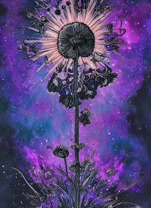 Image similar to detailed, intricate blue black and purple papaverum flower on the field, nebula, galaxy in the sky, winning award masterpiece, fantastically beautiful, illustration, aestheticly inspired dan mumford, upscale with anguissola sofonisba work, artstation, 8 k