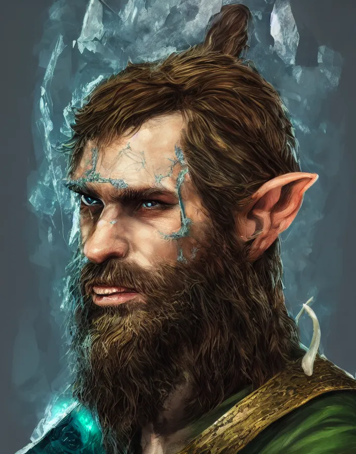 Image similar to An epic fantastic realism comic book style portrait painting of an arrogant half elf ranger with shaggy brown hair, scruffy beard, scar on face, teal tunic, 8k, 4k, D&D Concept Art, unreal 5, DAZ, hyperrealistic, octane render, cosplay, RPG portrait, dynamic lighting