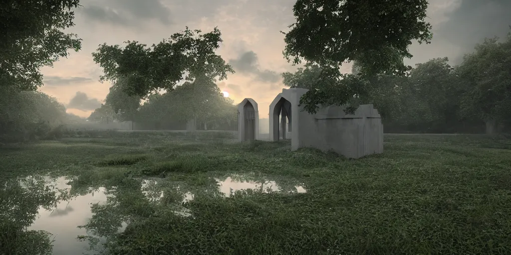 Image similar to abandoned green smooth concrete islamic church, surrounded by lush green forest and red ponds of water, stunning volumetric lighting, sundown, stunning skies, trending on Artstation, 8k, photorealistic, hyper detailed, unreal engine 5, IMAX quality, cinematic, epic lighting, cryengine, octane render, gloomy, foggy, dark