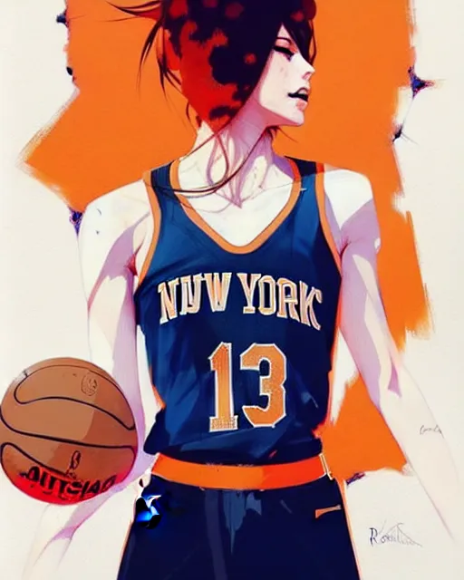 Prompt: a ultradetailed beautiful panting of a stylish woman in a knicks jersey, by conrad roset, greg rutkowski and makoto shinkai, trending on artstation