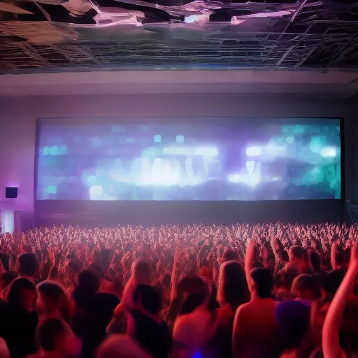 Image similar to A professional event protographer's photo of an Algorave event, taken from aside the podium of the small event venue. In frame is a small partying crowd and in the front right we see two livecoding artists and a very bright big screen with livecoded visuals projected on it. Focus on the performing artists and the faces of the people in the crowd. Extremely detailed faces. 8k resolution, octane renderer