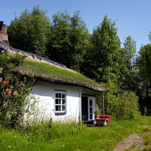 Image similar to photograph of a small swedish cottage in the countryside