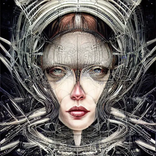 Image similar to a portrait of a woman with mechanical patterns by android jones and hr giger