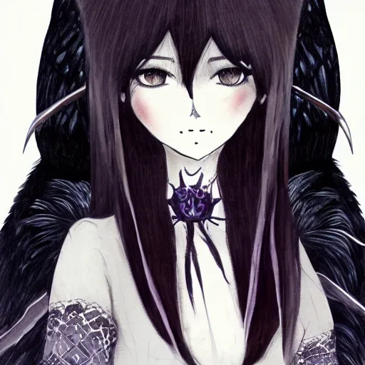 Prompt: dark haired girl, goth style, raven on her shoulder, pale gentle face, intricate detailed outfit, art by sakimichan, studio ghibli