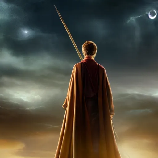 Image similar to Harry potter standing and casting a wand, back view, thunderclouds, cinematic shot, wide shot, epic scale, waving robe movement, photorealistic detail and quality, intricate ground stone, magical sigils, floating particle effects, movie still, nighttime, crescent moon, sharp and clear, action shot, intense scene, visually coherent, symmetry, rule of thirds, movement, photorealistic colors, cool colors transitioning to warm colors, award winning, directed by Steven Spielberg, Christopher Nolan, Tooth Wu, Asher Duran, Greg Rutkowski