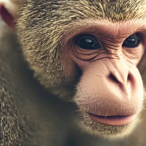 Image similar to a high detail closeup shot of a depressed monkey wearing a suit and smoking a cigar